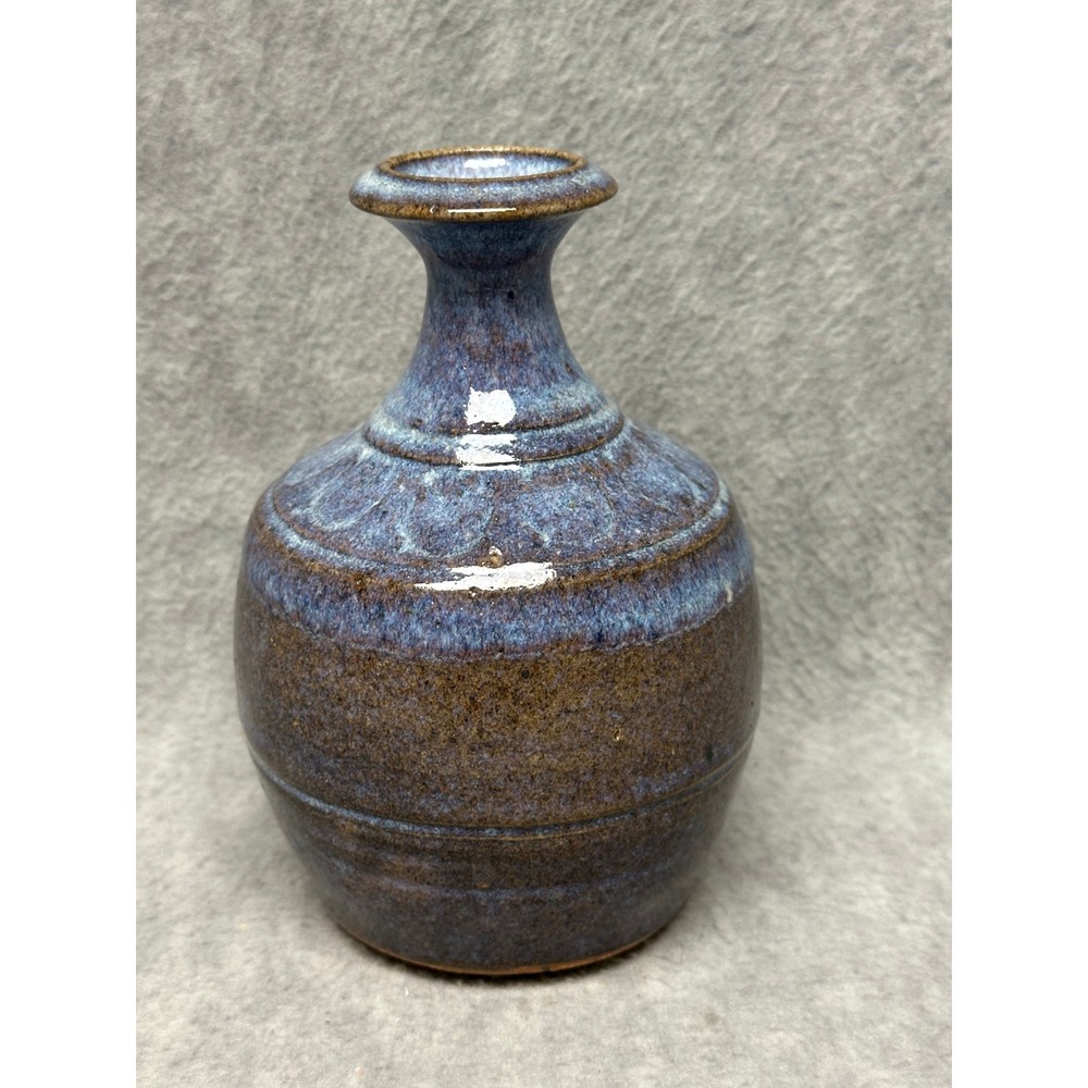 Studio Pottery Bud Vase Blue Brown Glazed Hand Thrown Signed Ceramic Bottle Vase